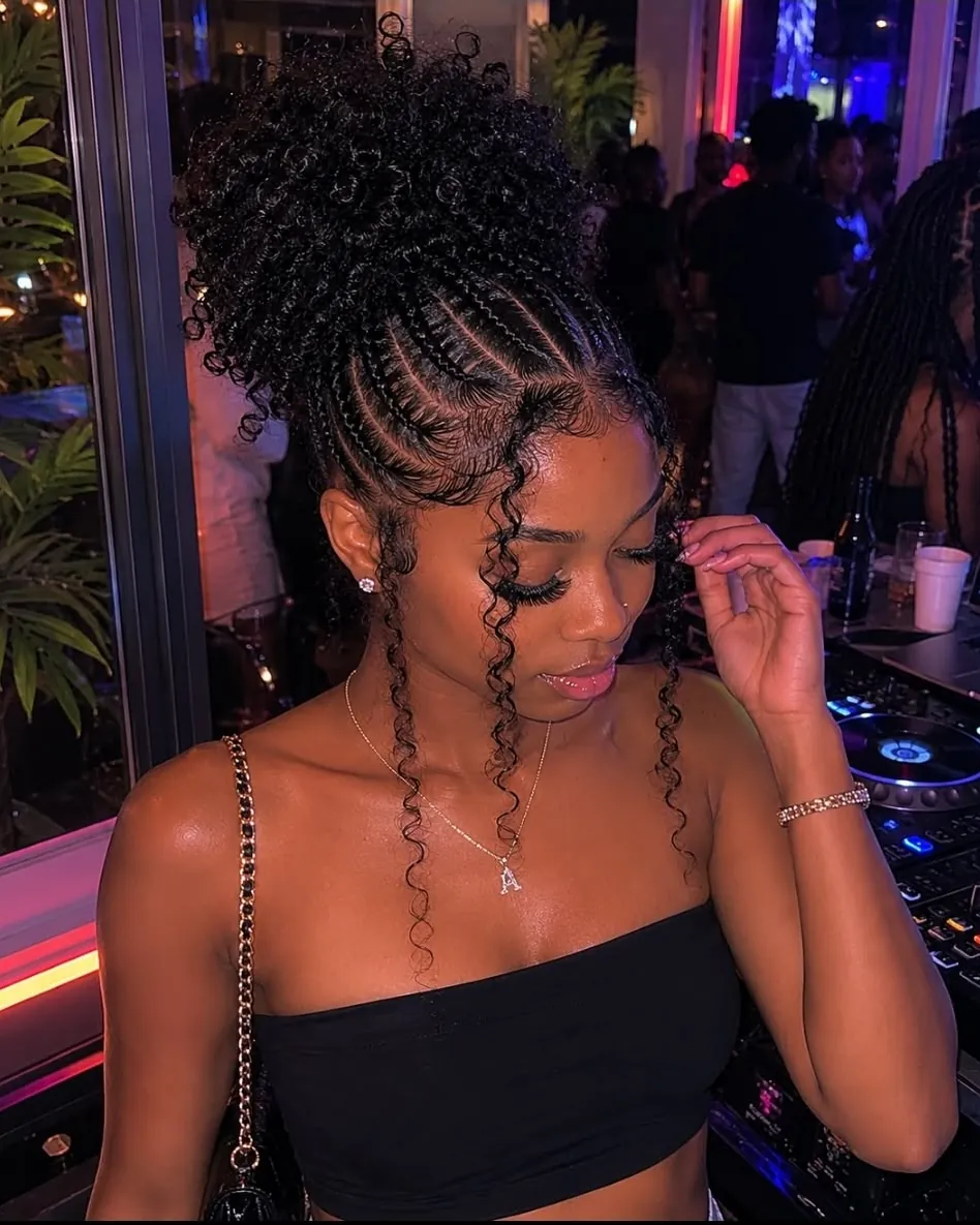 Woman with a braided boho updo and face-framing curls